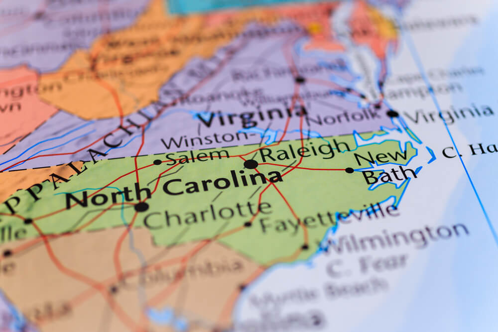 Map focusing North Carolina.